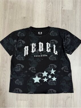 rebels Black Graphic 'Renegade' Skull Tee with Pale Blue Stars